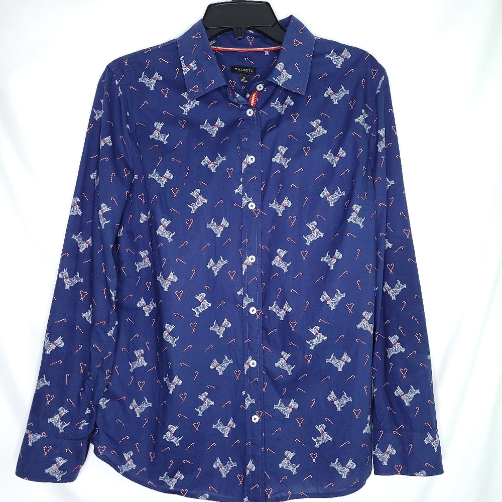 TALBOTS Women's Scottish Terrier Christmas Button Down Shirt MEDIUM